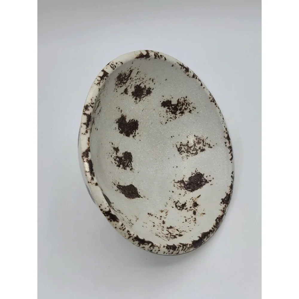 Vintage Studio Pottery Tea Bowl White Speckled Glaze Brown Splatter Signed Boots